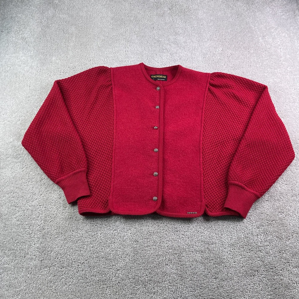 Geiger Jacket Womens 42 Large Red Boiled Wool Button Cardigan Tyrol Austria